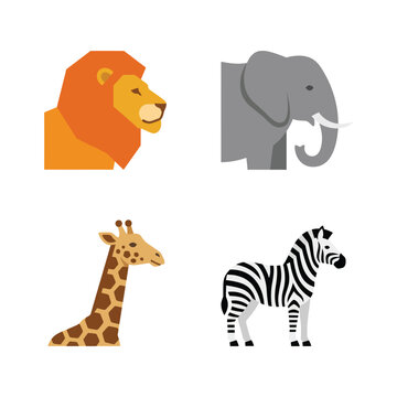 Wild zoo animals lion elephant giraffe and zebra