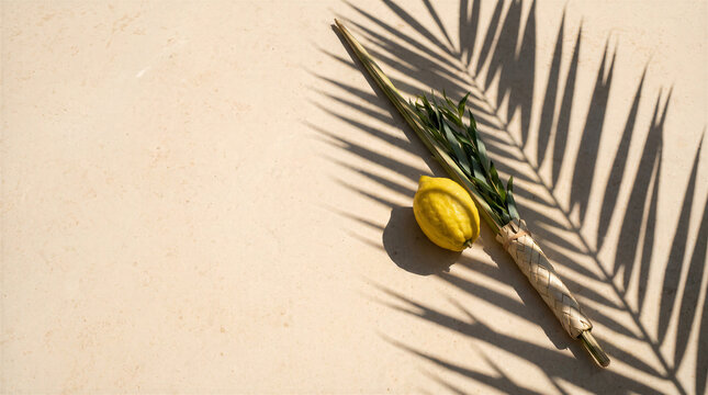Sukkot Holiday Symbolism Featuring Etrog Citron Fruit and Lulav Palm Branch Resting on Minimalist Sandy Stone Surface with Artistic Tropical Palm Leaf Shadow Overlay for Jewish Festival Celebration