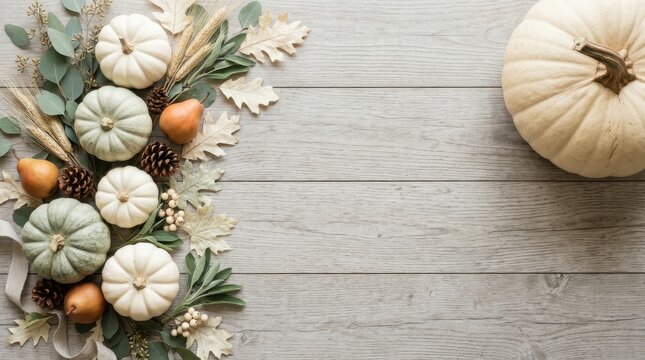 Elegant white pumpkin flat lay composition on light grey wooden background.