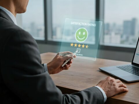 Businessman interacting with a futuristic holographic interface showing five star satisfaction rating