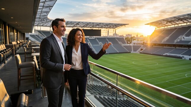 Man and woman business executives conversing on stadium VIP terrace during golden sunset, symbolizing high-level venue management