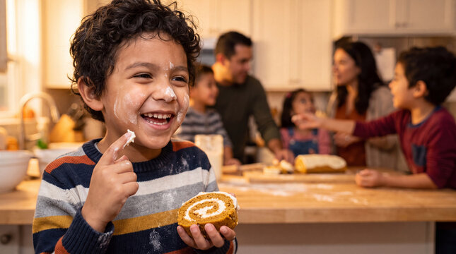 Thanksgiving boy holding pumpkin roll cake slice, a sweet autumn harvest photo for invitations and social media.