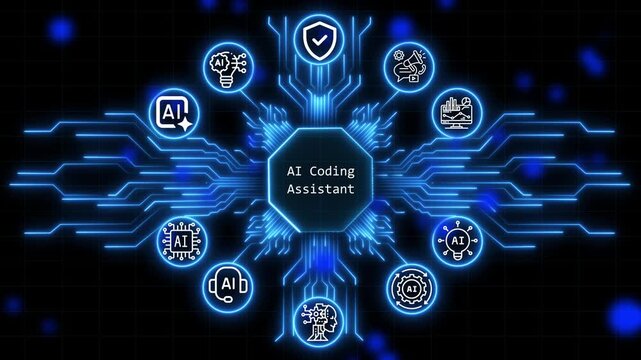 Ai coding assistances A glowing neon, and manufacturing process management all connected in a digital circuit like pattern. Business, Technology, Internet and network concept.