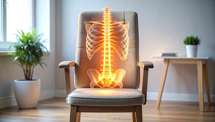 Obraz premium A glowing human spine hologram appears on a modern office chair in a bright room, illustrating ergonomic support, back pain relief, and healthy posture. There are no people.