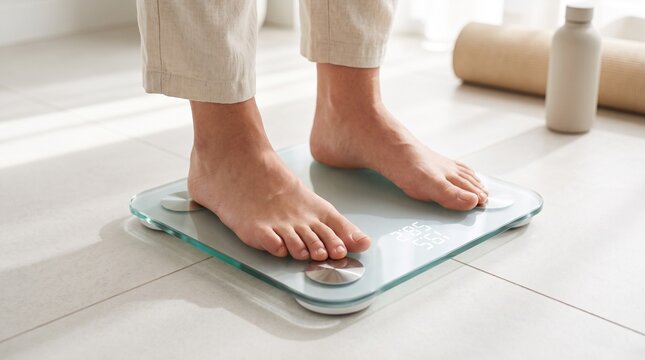 Close up of bare feet standing on modern glass digital weight scale on bathroom tile floor, conveying fitness tracking and body weight measurement