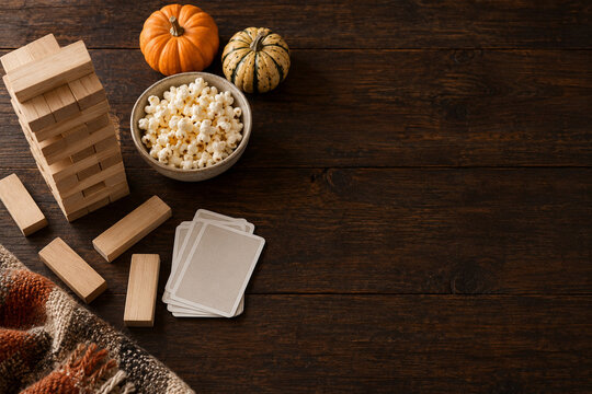 Friendsgiving game night table with blank cards