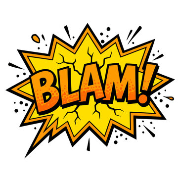 A retro style comic book explosion featuring a yellow and black word bubble that emphatically says blam on a transparent backdrop