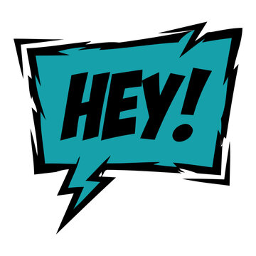 Energetic comic book speech bubble design featuring the word hey with a vibrant lightning bolt on a clear transparent background