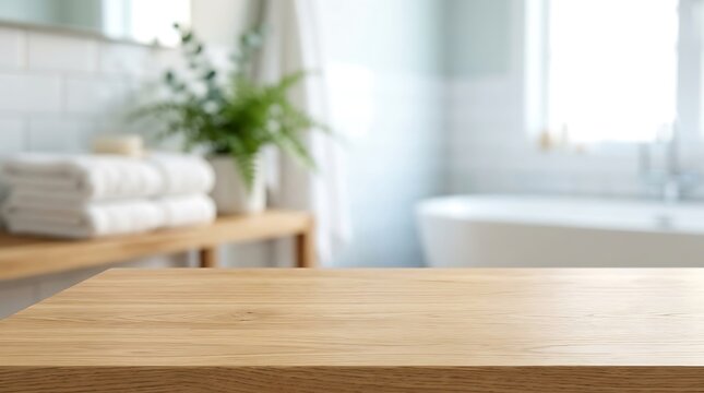 Empty Wooden Table Top Foreground with Blurred Modern Bathroom Interior Background for Product Placement Mockup Scene.