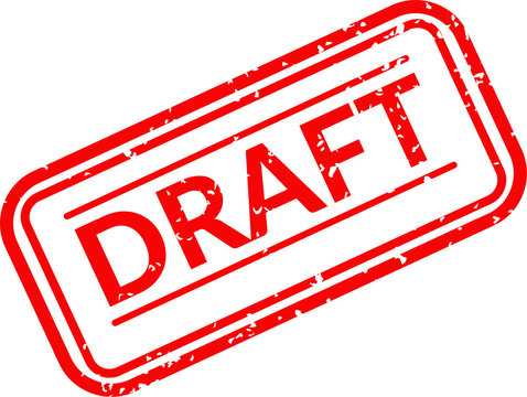 A vibrant red rubber stamp featuring the word draft in a distressed ink texture