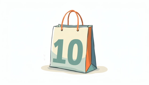 Cartoon Shopping Bag with Number Ten for Retail Discount Sale and E-commerce Marketing Promotion Illustration