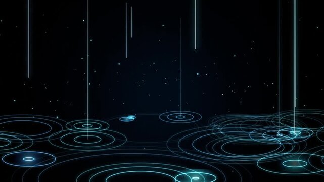 Neon Blue Circular Ripples Digital Motion Graphics Background Featuring Descending Vertical Light Lin