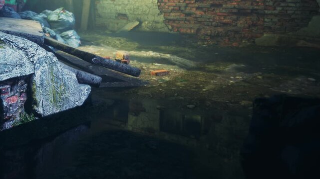In a dimly lit area, worn bricks and scattered debris hint at a once vibrant place. Shadows dance across the ground, revealing remnants among the discarded items and forgotten memories.