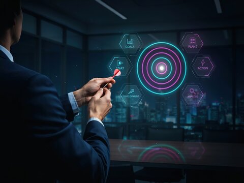 A Business Professional Aiming a Dart at a Digital Strategic Target Interface