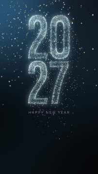 Vertical Happy New Year 2027 stacked text made of sparkling golden glitter particles for mobile story and reels.