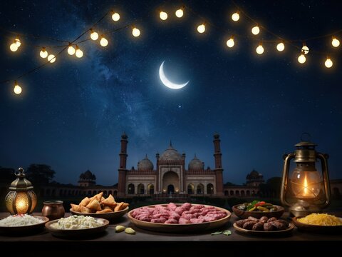 Ramadan iftar feast with traditional food and mosque background