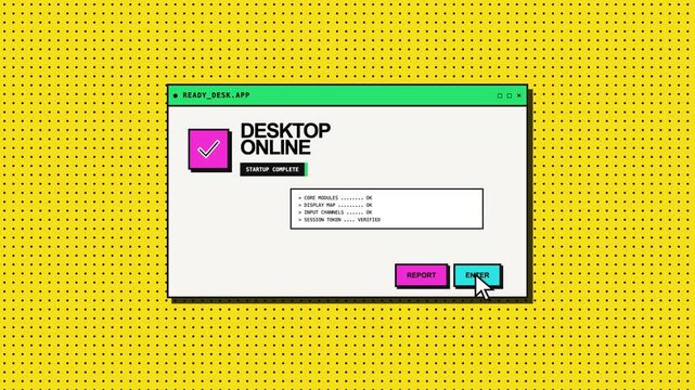 Retro computer operating system startup animation with desktop online message and loading sequence.