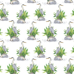 Fototapeta premium Asian-inspired landscape with herons, tropical plants, stones, water. Watercolor seamless pattern on dark blue. Perfect for botanical designs, exotic textile, nature themes, zen-style decorations