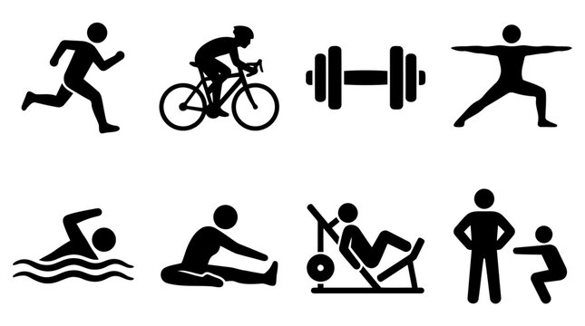 A collection of black silhouette icons representing various physical fitness activities including running cycling weightlifting yoga swimming stretching leg press and personal training exercise