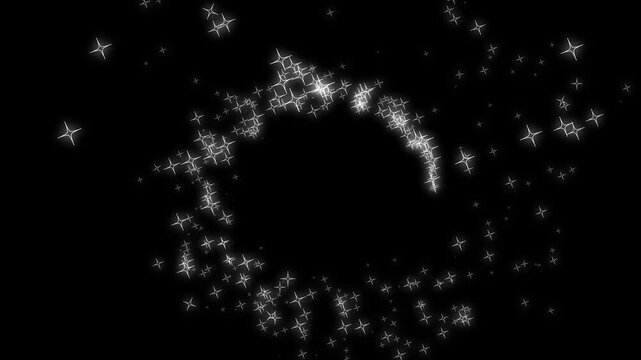 White magic glitter star trail animation, glowing twinkle particles, sparkling fairy dust path, elegant luminous starline circle and dreamy shimmer transition effect on black screen background, 4K...