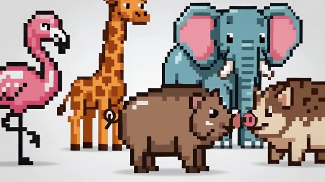 Five Friendly Pixel Art Animals Standing Together: Flamingo, Giraffe, Elephant, Two Brown Mammals