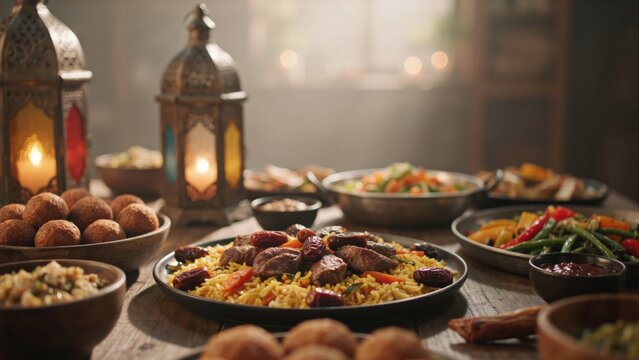 Traditional iftar meal with dates, rice, and lanterns on a rustic table