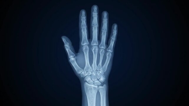 X ray of a human hand showing bones and joints on a dark blue background medical imaging concept