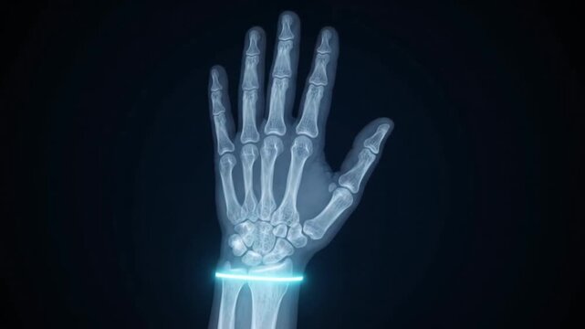 X ray of a human hand showing bones and structure on a dark blue background medical imaging