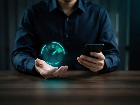 Businessman holding a smartphone with a glowing digital customer satisfaction rating gauge