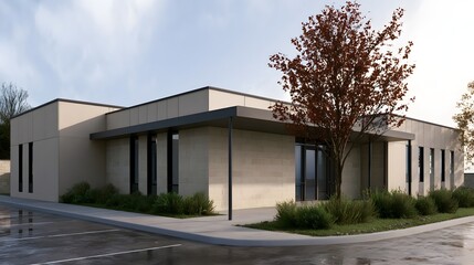 Obraz premium Modern single story building with beige walls dark trim and glass doors under a clear sky with a tree nearby