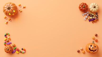 Fototapeta premium Festive halloween background with carved pumpkins and decorative elements arranged in the corners on a peach surface