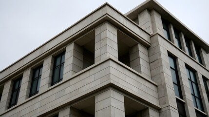 Obraz premium A modern stone building with clean lines recessed and strong geometric corners under overcast sky