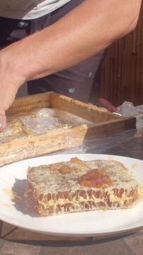 spoonful honey drips from honeycomb into white plate, glossy amber strands cling to comb and spoon under warm sunlight, close view on tabletop textures details honey