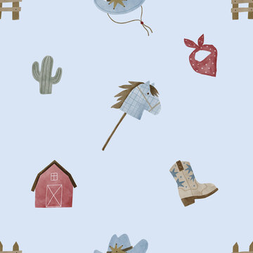 Cute Baby Cowboy accessories set. Western, American country fashion fo little kids. Watercolor illustrations for Baby Shower Cowboy decor. Seamless pattern
