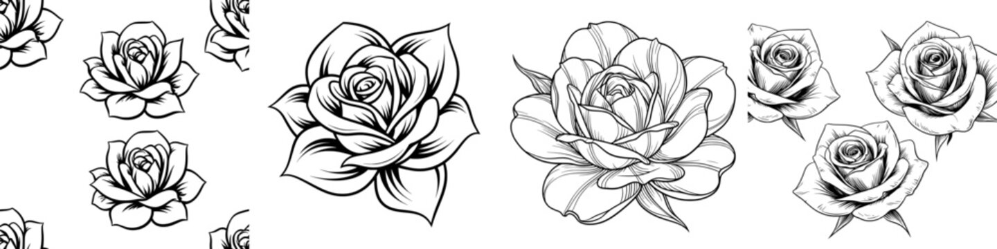 A seamless black and white rose pattern features overlapping petals with a detailed, elegant design against a clean white background