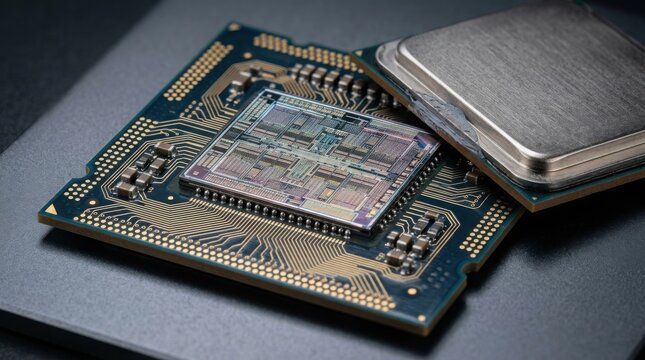 Close-up of computer CPU and circuit board for technology and electronics