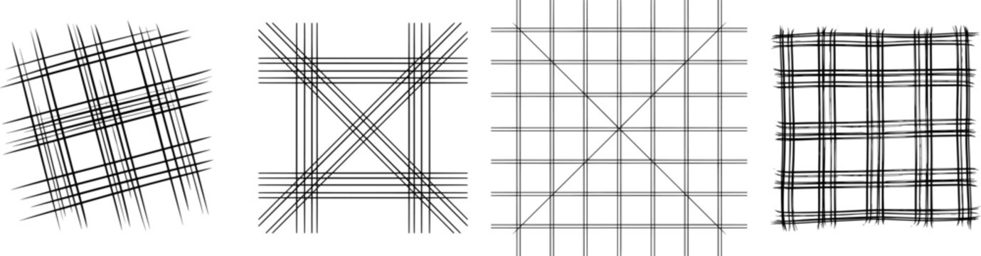A plaid pattern featuring crisscrossing black and white lines forms a geometric design against a pristine white background