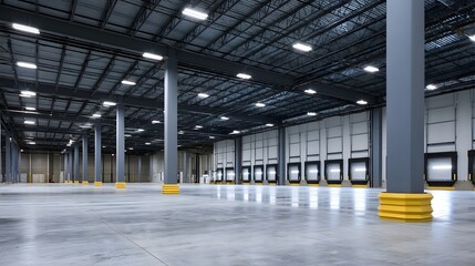 Obraz premium A vast industrial warehouse interior with high ceilings exposed steel beams and polished concrete flooring