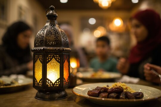 Traditional ramadan lantern on a dinner table with dates for iftar