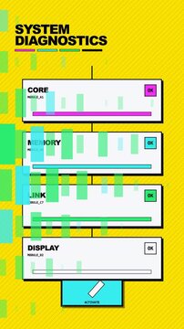 Retro cyberpunk system diagnostics interface animation showing boot sequence and success status.