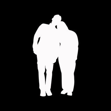  White silhouette of an intimate couple standing close together, two people in an affectionate pose on black