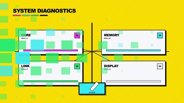 Retro style system diagnostics interface animation with data blocks loading on a vibrant yellow background.