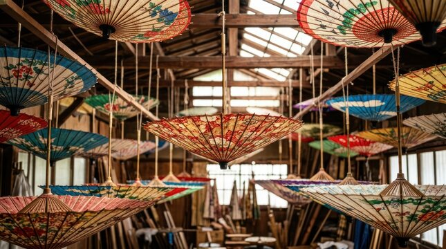 Decorative paper umbrellas hanging indoors