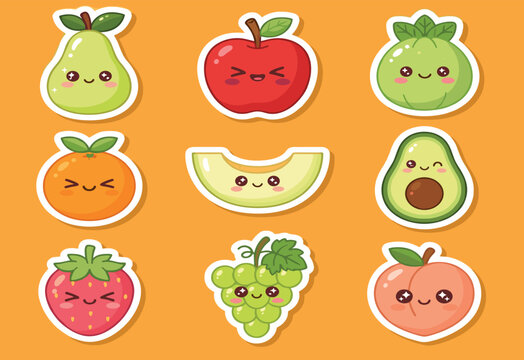 Cute Kawaii Fruits Vector Set with Pear, Red Apple, Guava, Mandarin Orange, Melon Slice, Avocado, Strawberry, Green Grapes, and Peach with Happy Faces and Sticker Borders fo