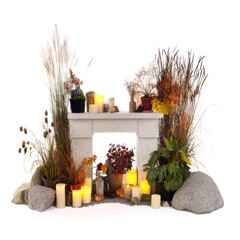Obraz premium Cozy autumn floral fireplace arrangement with candles
