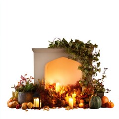 Obraz premium Cozy autumn fireplace mantel with candles and seasonal decor