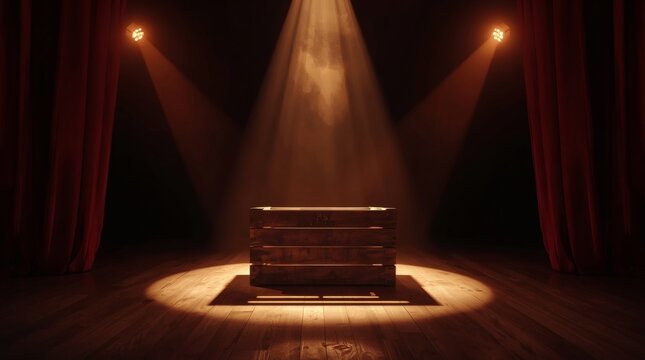 Wooden crate on a stage with dramatic spotlight and red curtains