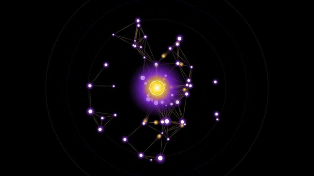 Abstract planetary model with central glowing sun and orbiting purple network nodes representing technology connections on dark backdrop.