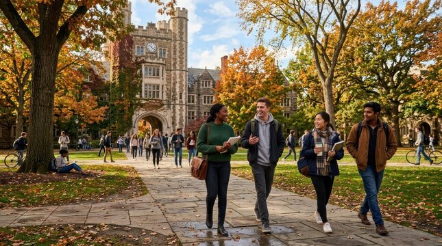 Students walking on college campus in autumn