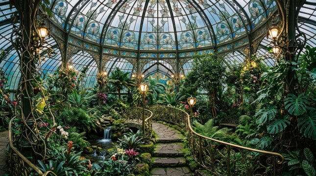 Ornate greenhouse interior with lush greenery